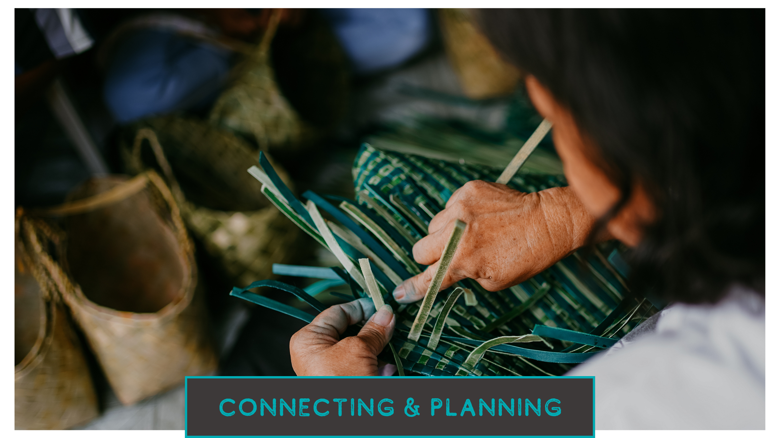 person in community weaving fibers and text connecting and planning