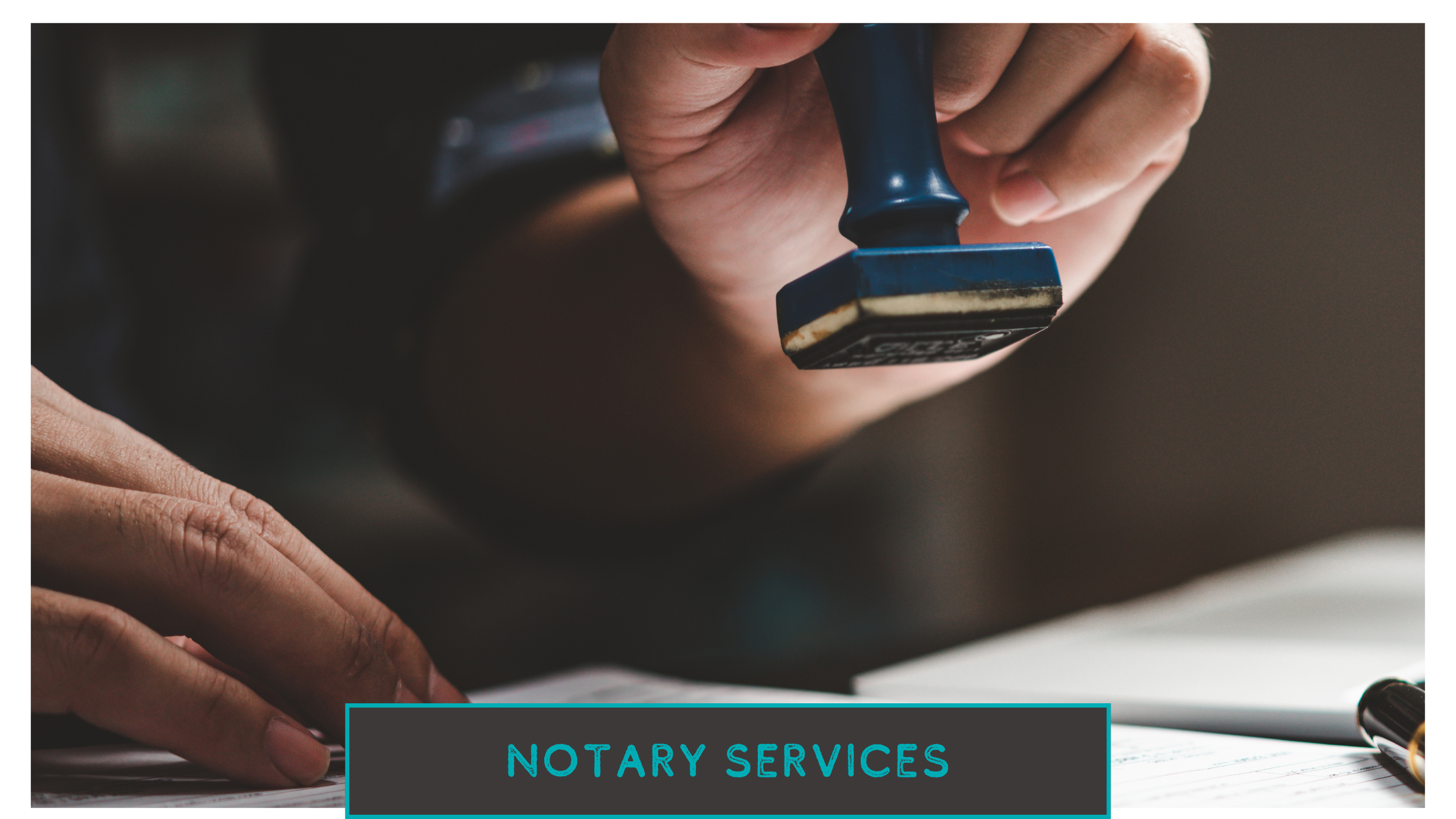 notary public holding stamp above a document and text notary services