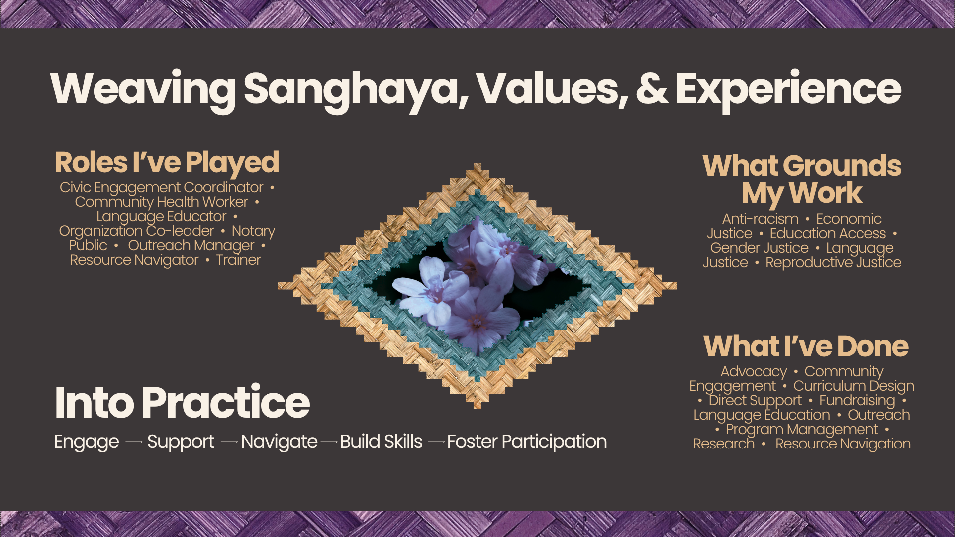weaving sanghaya, values, experience into practice
